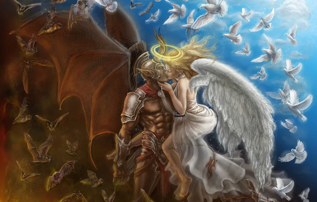 Фото обои крылья, поцелуй, Ангел, демон, голуби, рога, летучие мыши, нимб