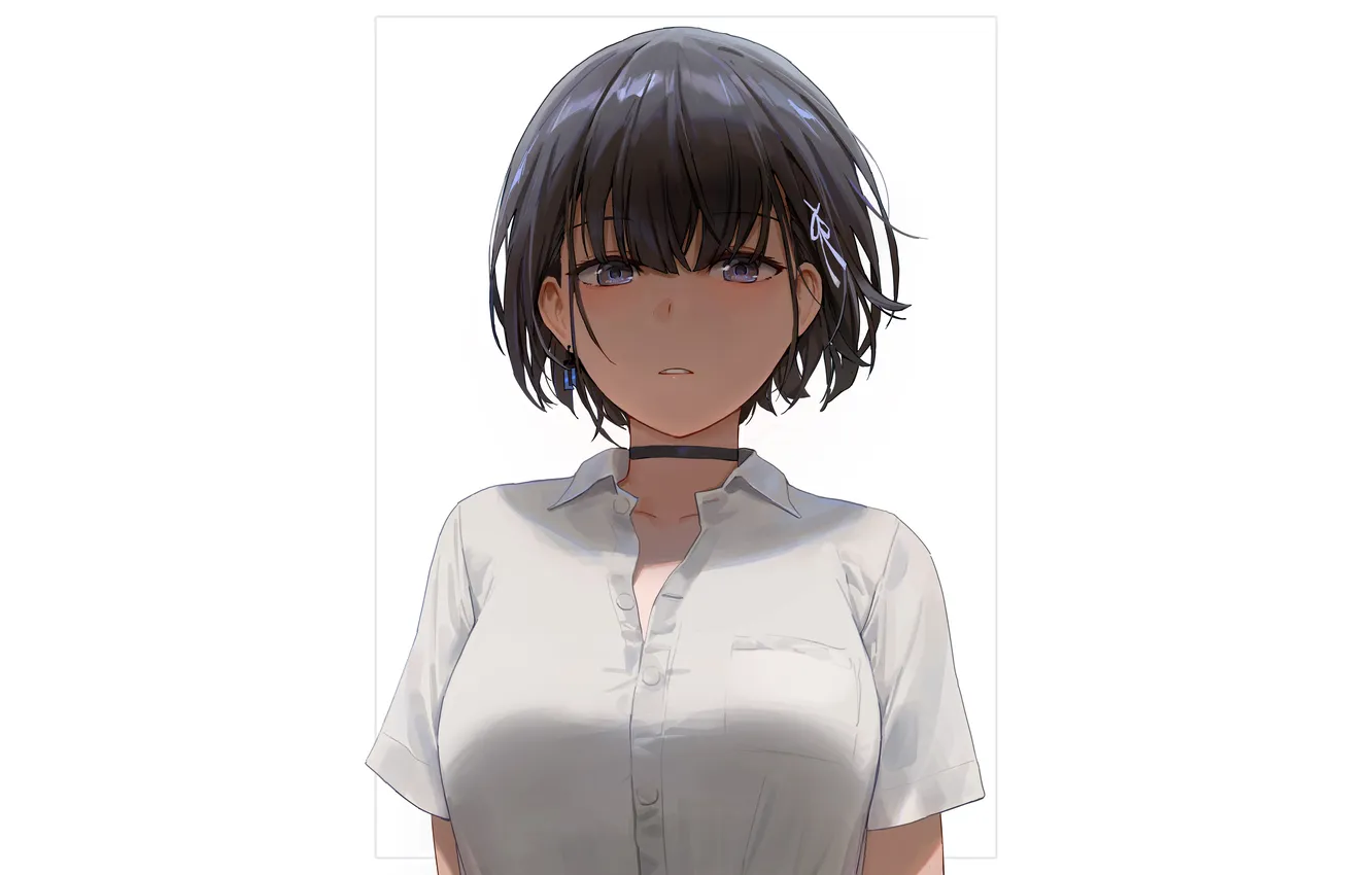 Фото обои girl, boobs, anime, beautiful, short hair, purple eyes, pretty, solo