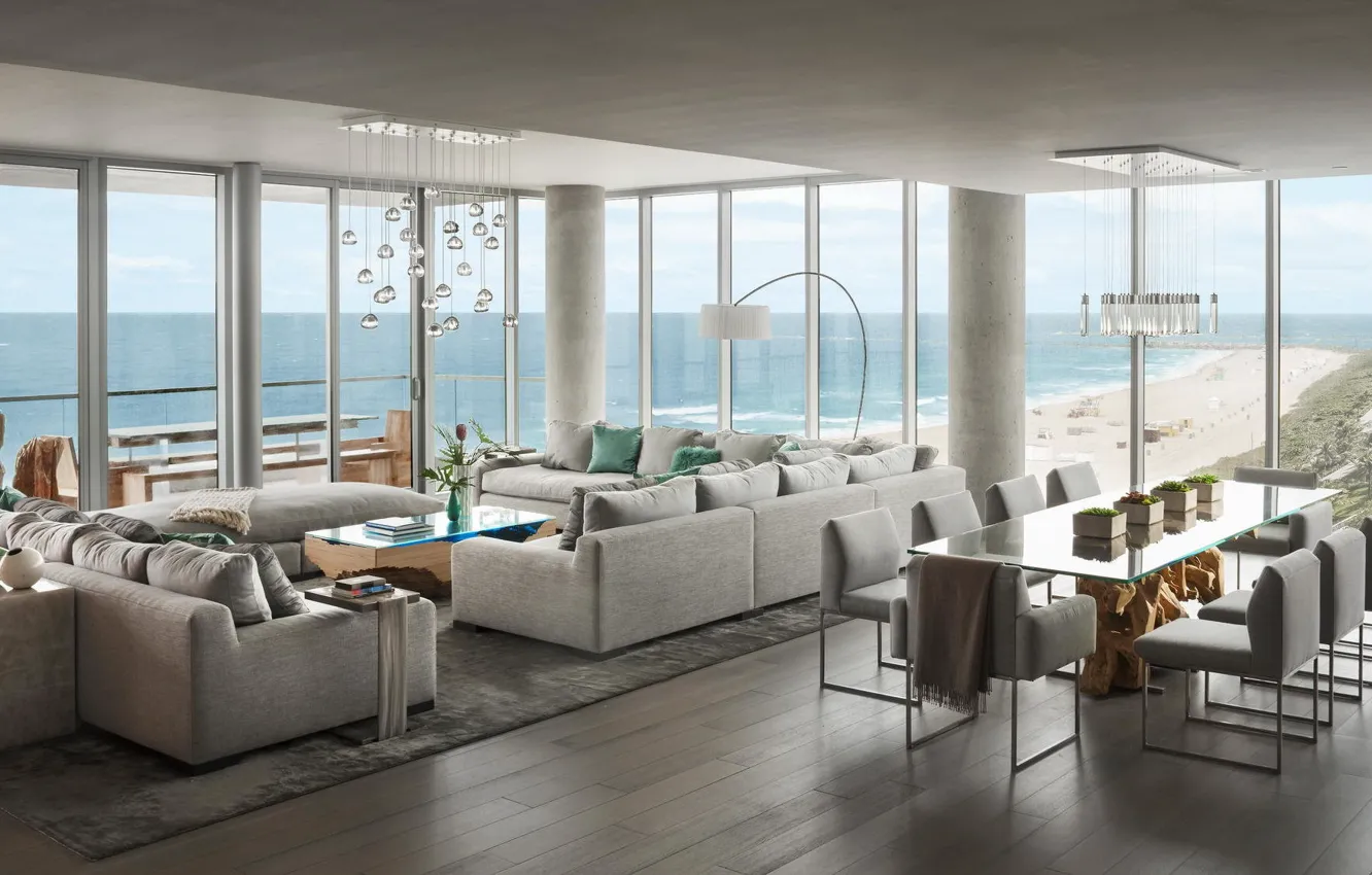 Фото обои интерьер, гостиная, столовая, панорамные окна, вид на океан, Atico-de-Lujo, Miami Penthouse, Vistas Mar
