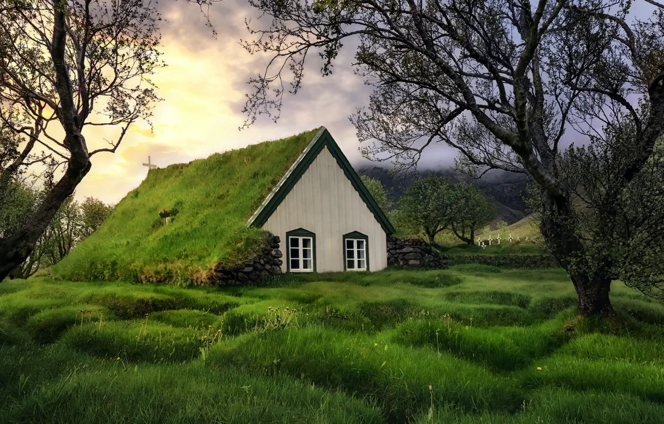 Фото обои природа, Iceland, Church Litla Hof