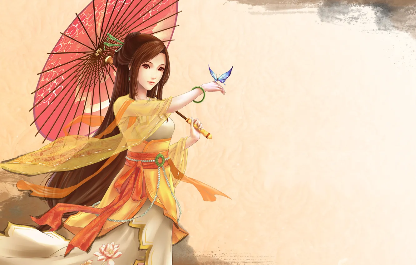 Фото обои девушка, бабочка, зонт, браслет, длинные волосы, высокое разрешение, карие глаза, solo