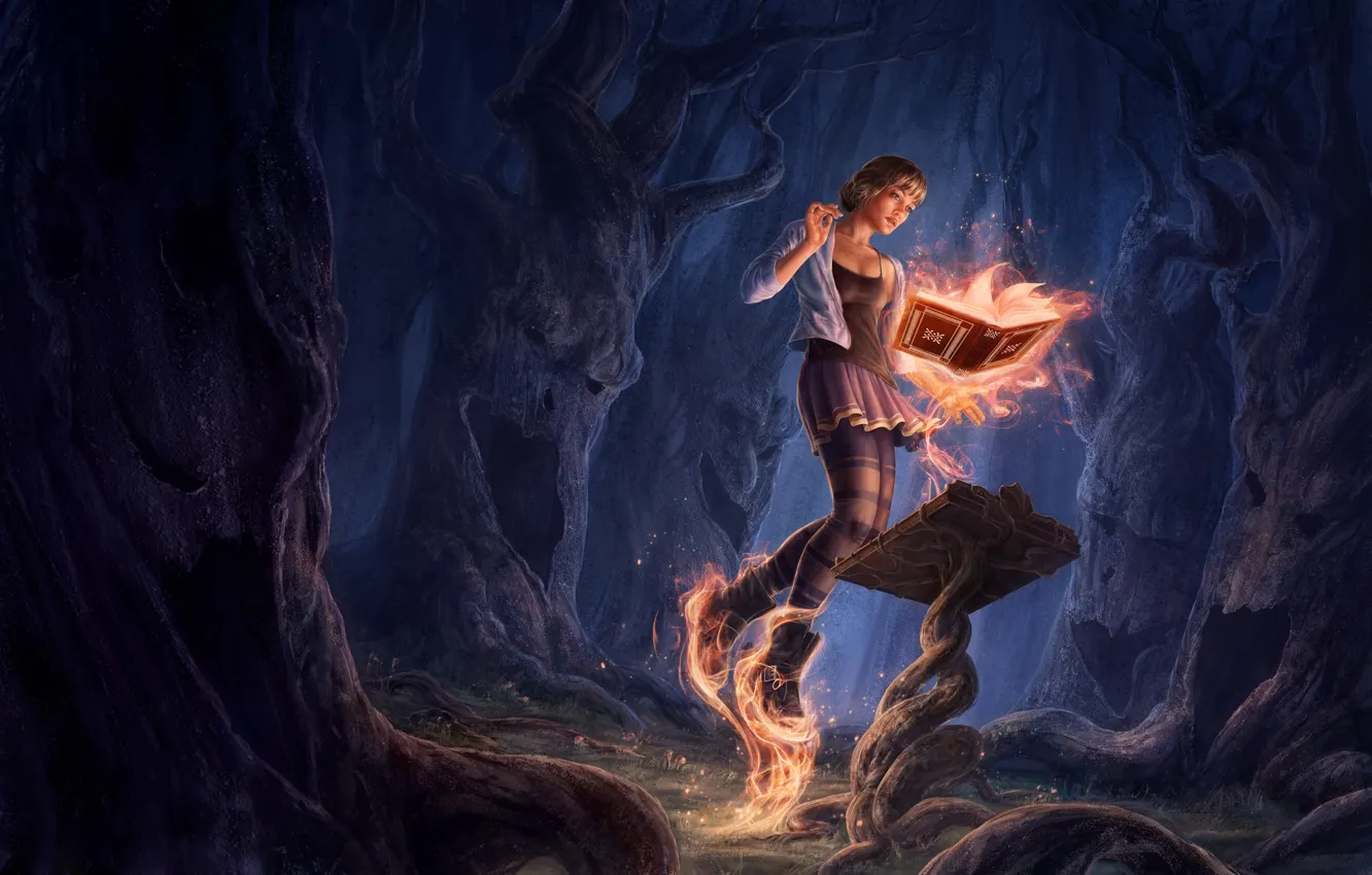 Фото обои лес, магия, Девушка, книга, заклинание