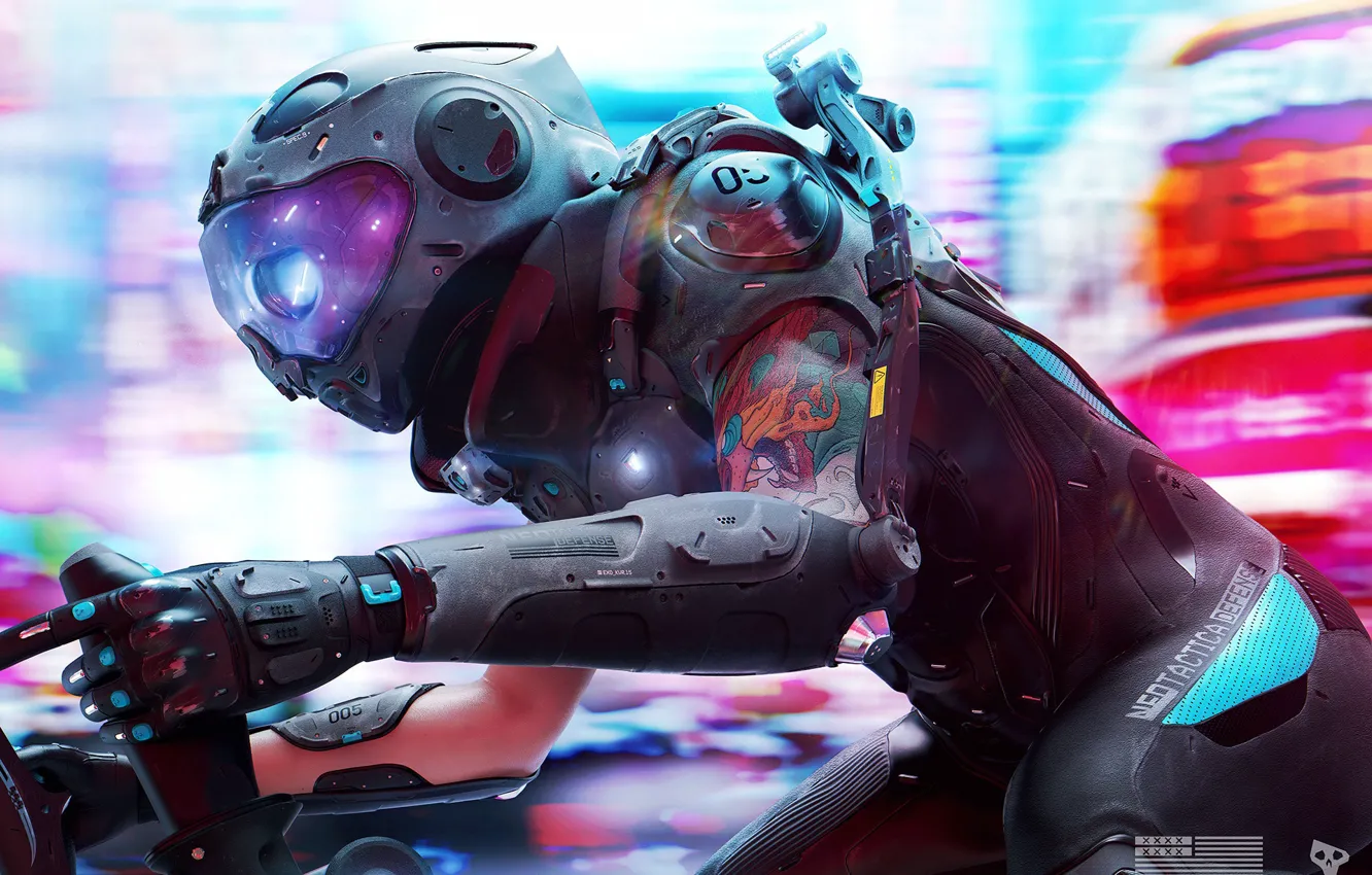 Фото обои девушка, стиль, тату, арт, татуировка, шлем, girl, байкер