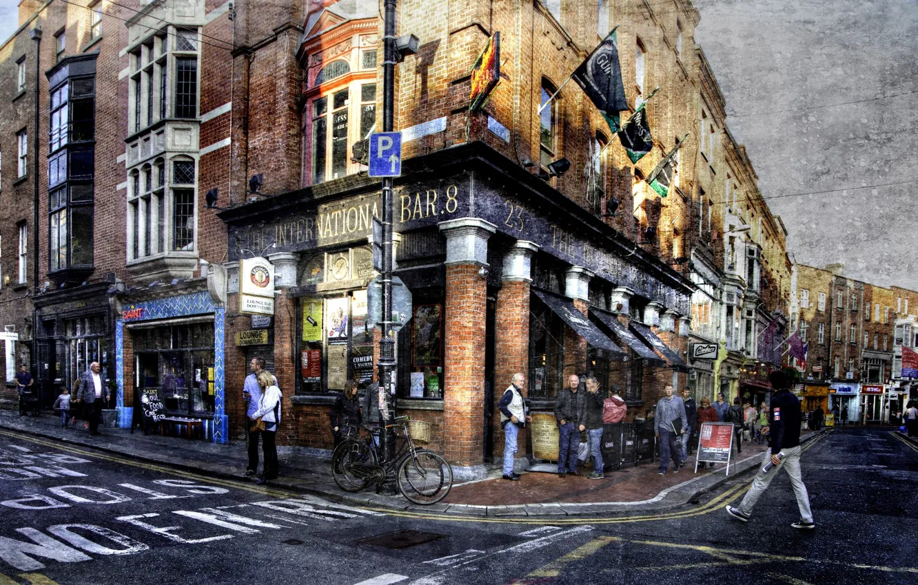 Фото обои улица, пиво, дома, бар, перекресток, Дублин