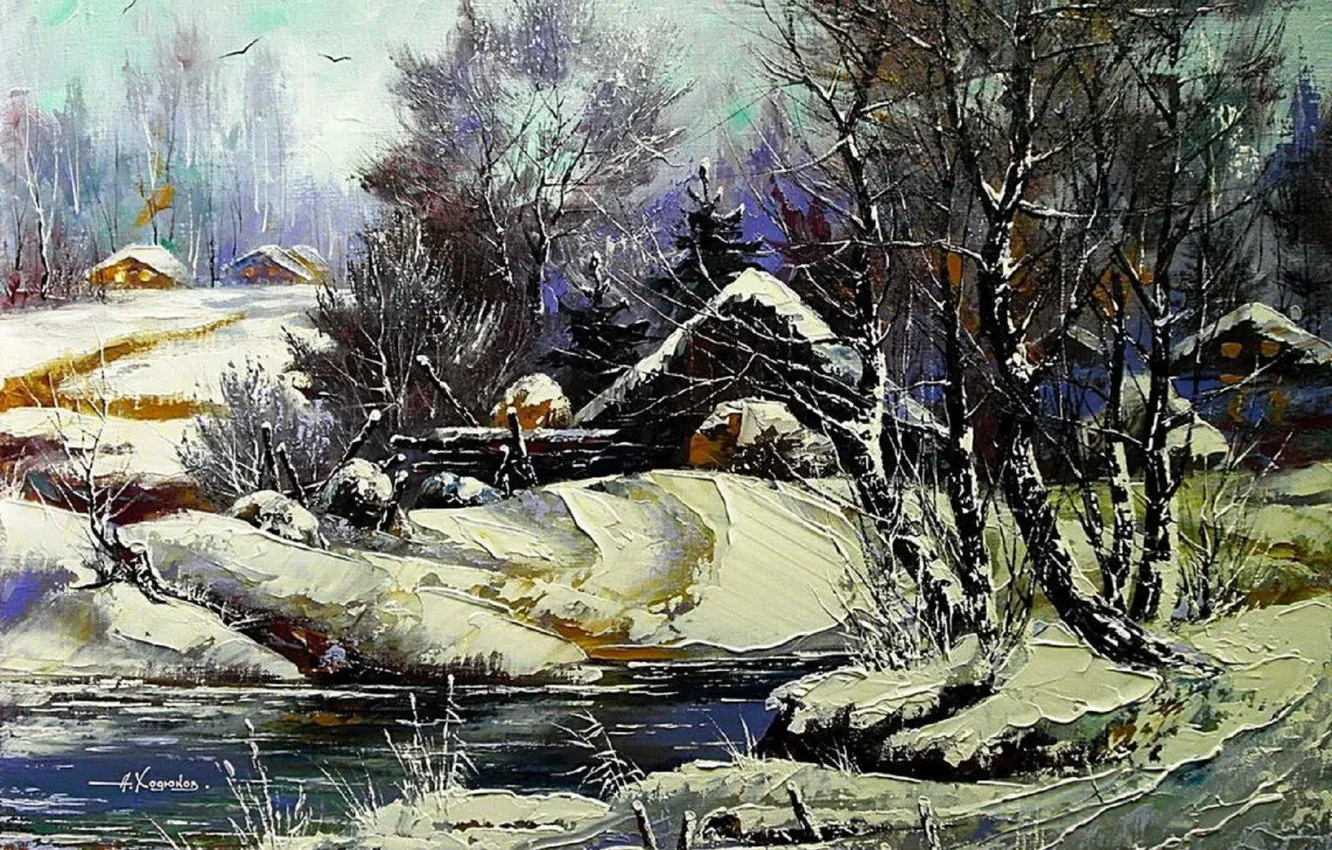 Фото обои зима, снег, пейзаж, река, дома, картина, деревня, день