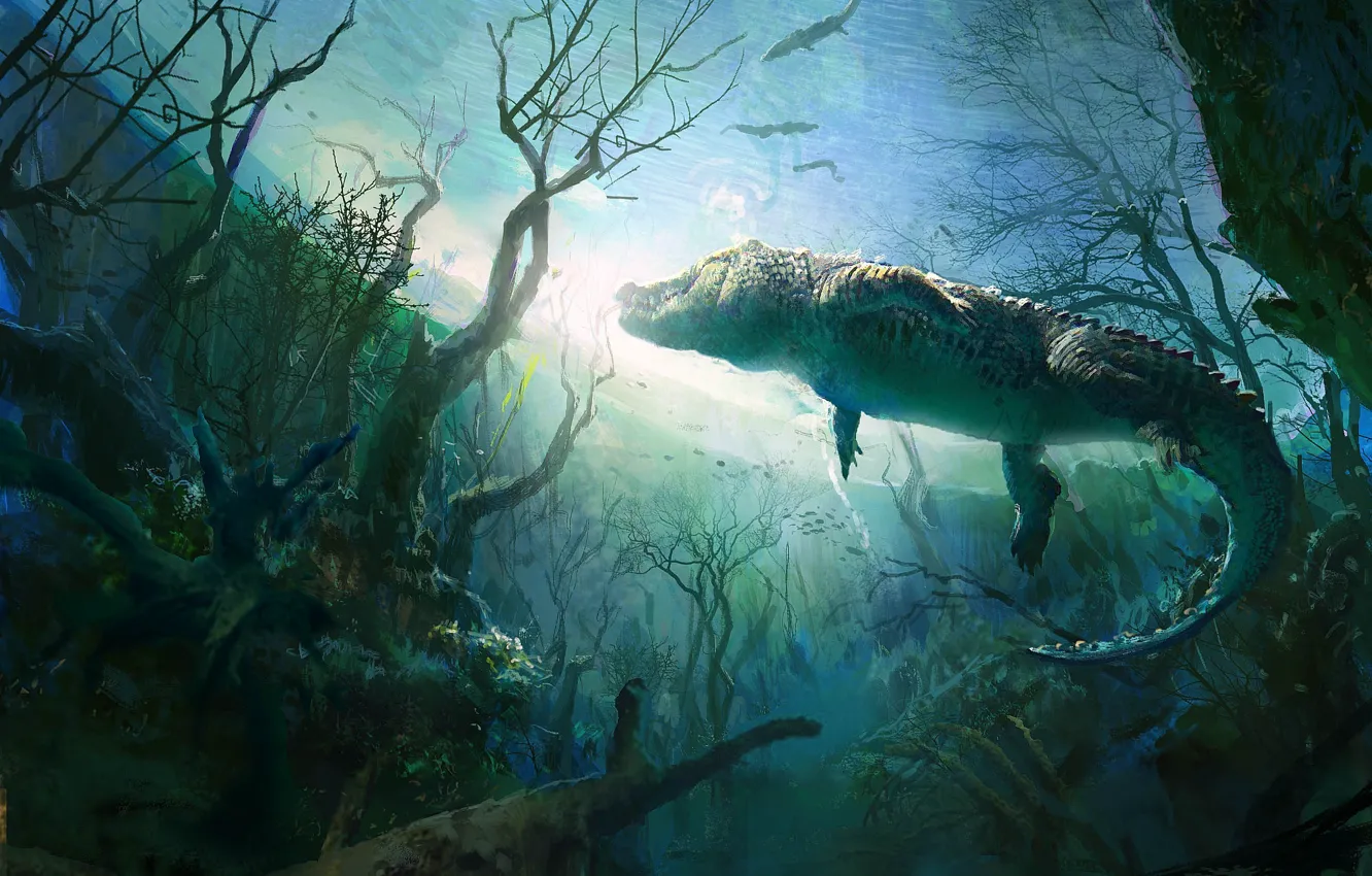 Фото обои деревья, пруд, крокодил, арт, подводный мир, аллигатор