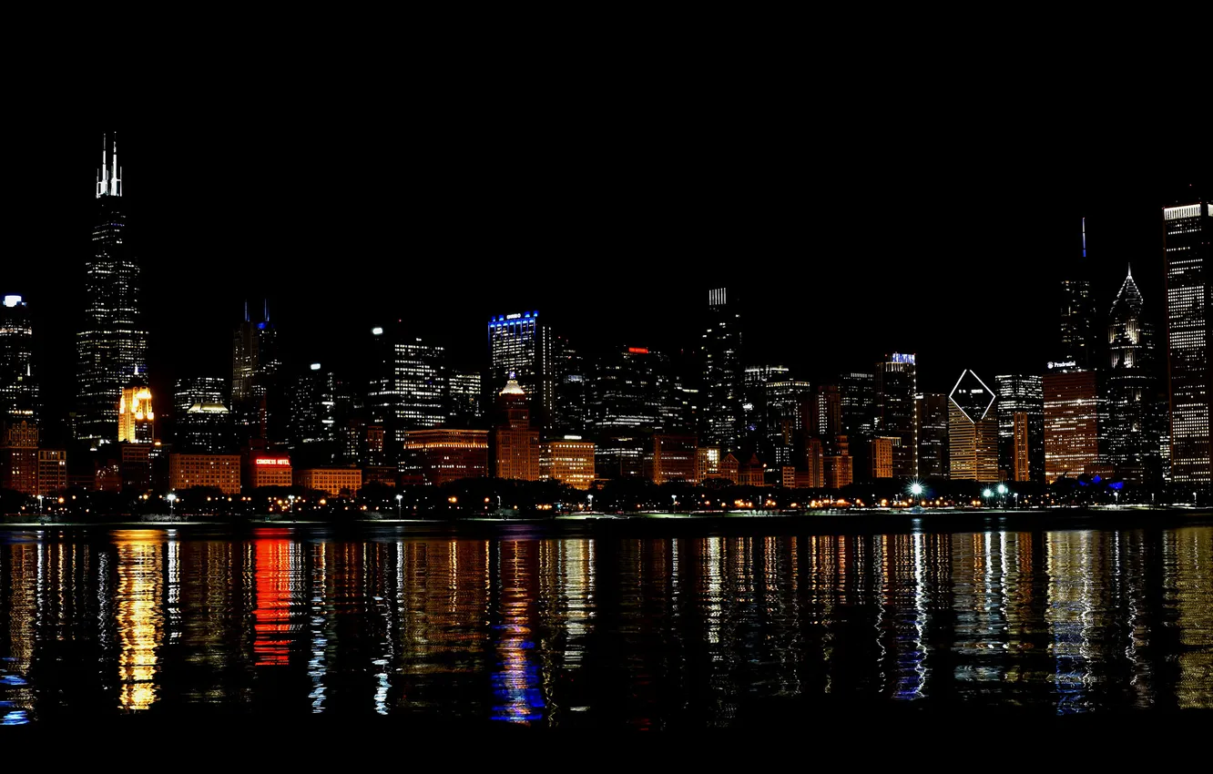 Фото обои ночь, город, огни, река, небоскребы, Чикаго, США, мегаполис