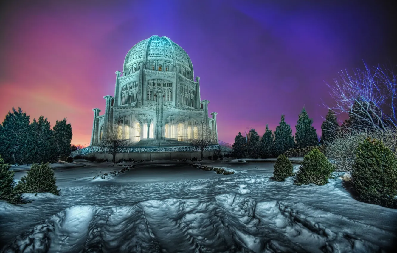 Фото обои зима, свет, снег, здание, hdr, храм