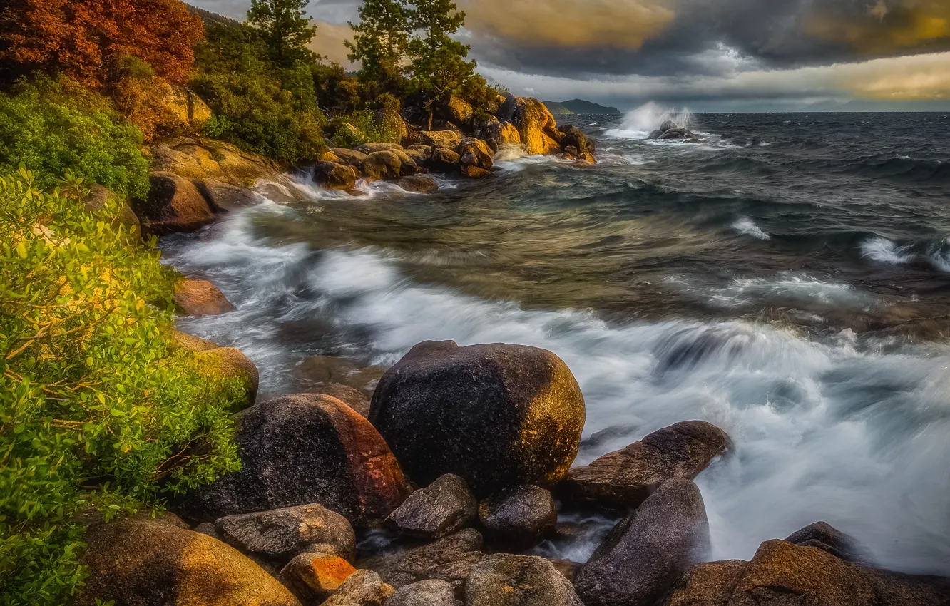 Фото обои волны, деревья, пейзаж, шторм, природа, озеро, камни, США
