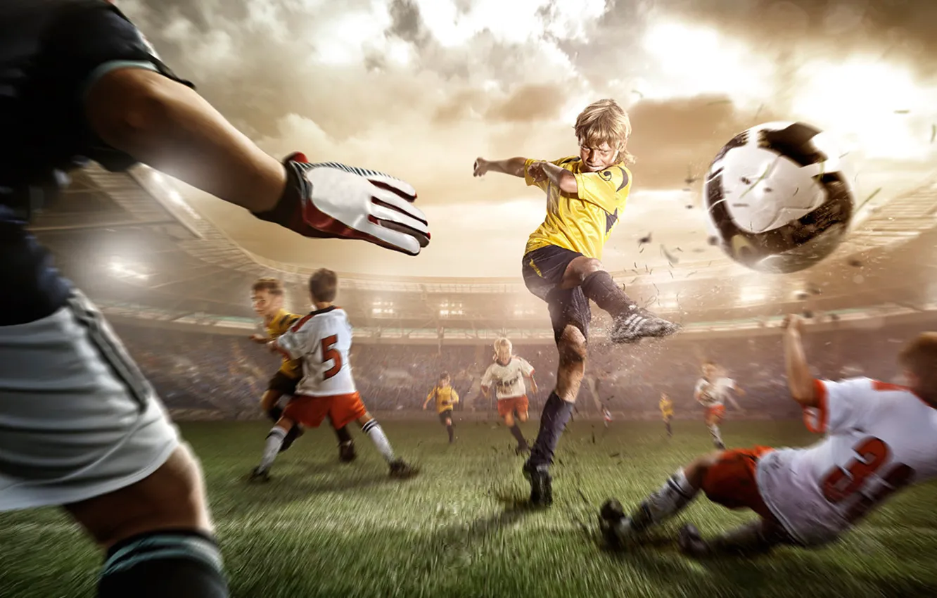 Фото обои трава, движение, футбол, мяч, удар, нога, стадион