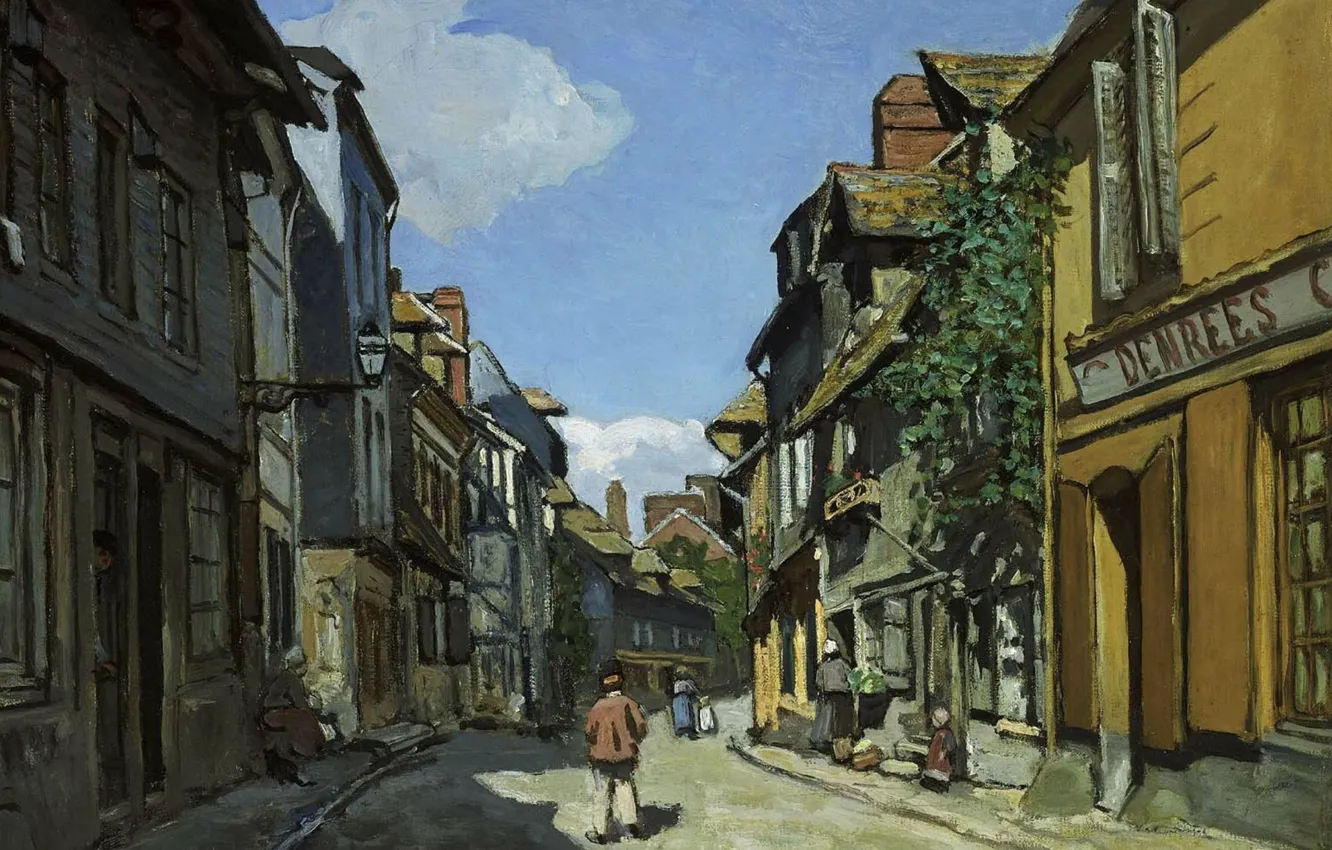 Фото обои улица, дома, картина, городской пейзаж, Клод Моне, The Street of Bavolle at Honfleur