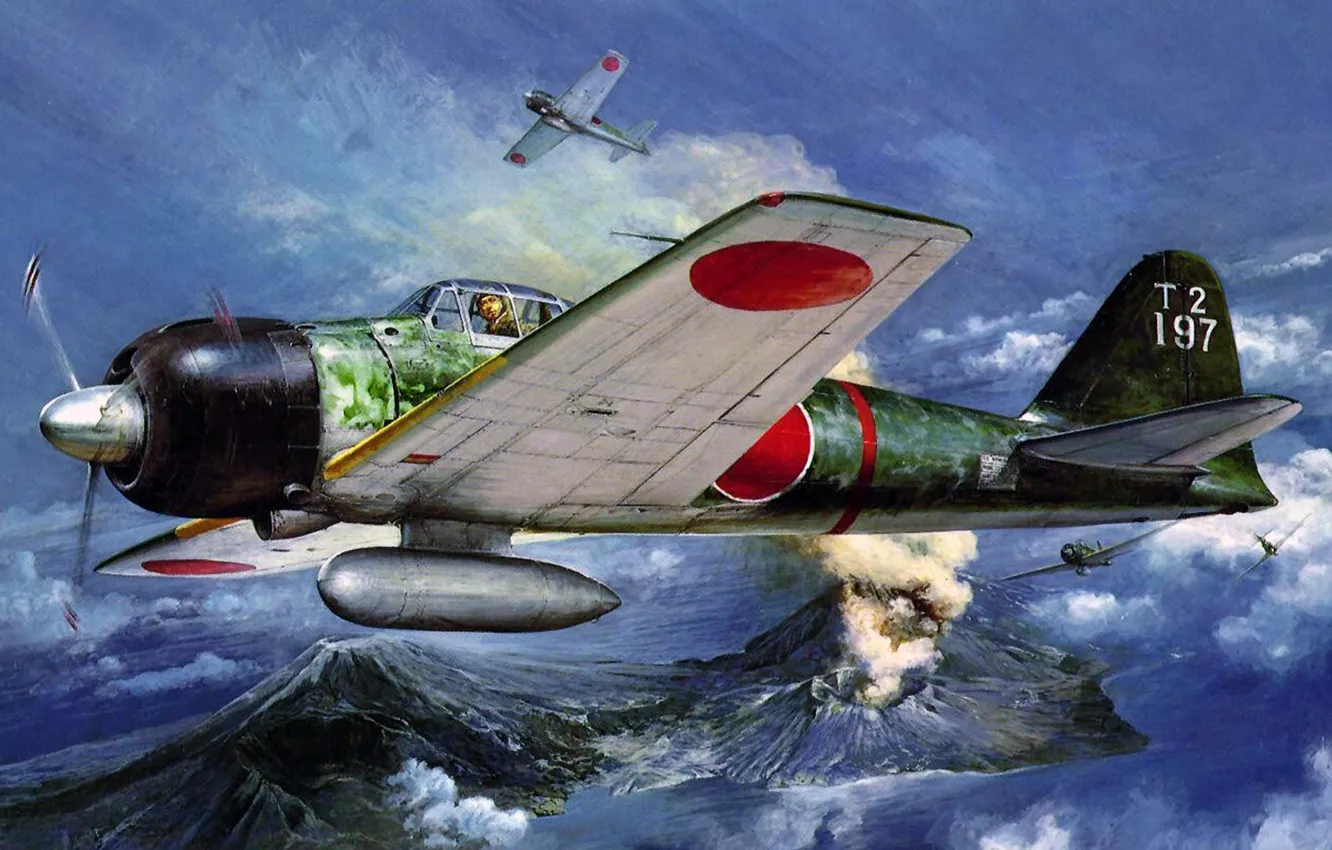 Фото обои рисунок, арт, Mitsubishi, Zero, A6M, японский лёгкий палубный истребитель
