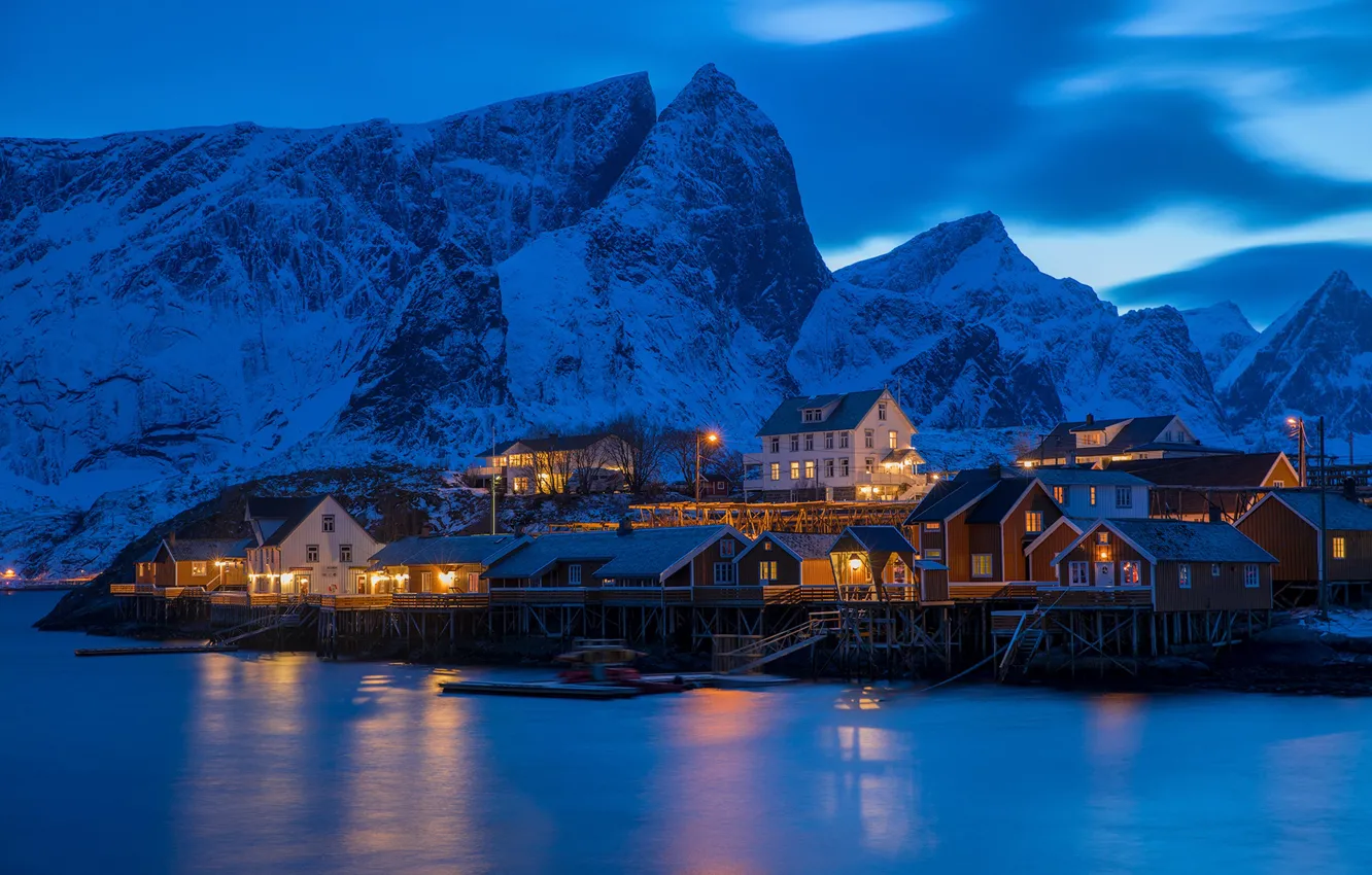 Фото обои горы, деревня, Норвегия, домик, Norway, фьорд, Рейн, Лофотенские острова