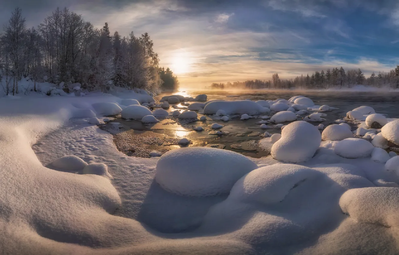 Фото обои лед, зима, небо, деревья, река, рассвет, мороз