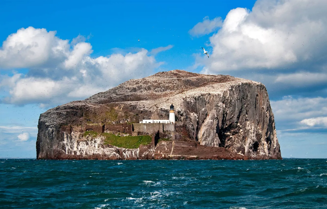 Фото обои скала, маяк, Шотландия, залив Ферт-оф-Форт, остров Басс