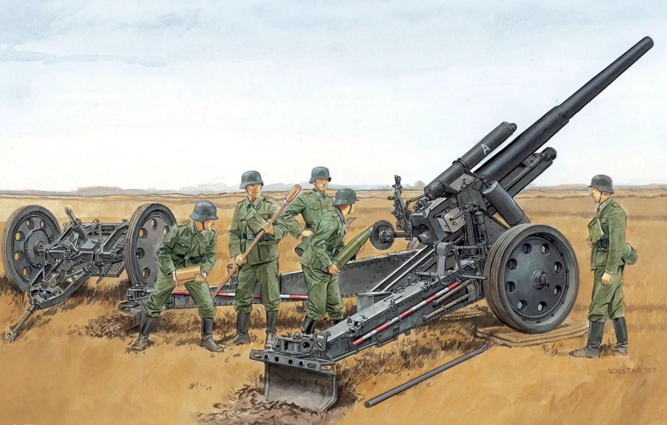 Фото обои война, рисунок, арт, позиция, снаряжение, WW2, гаубица, немецкая