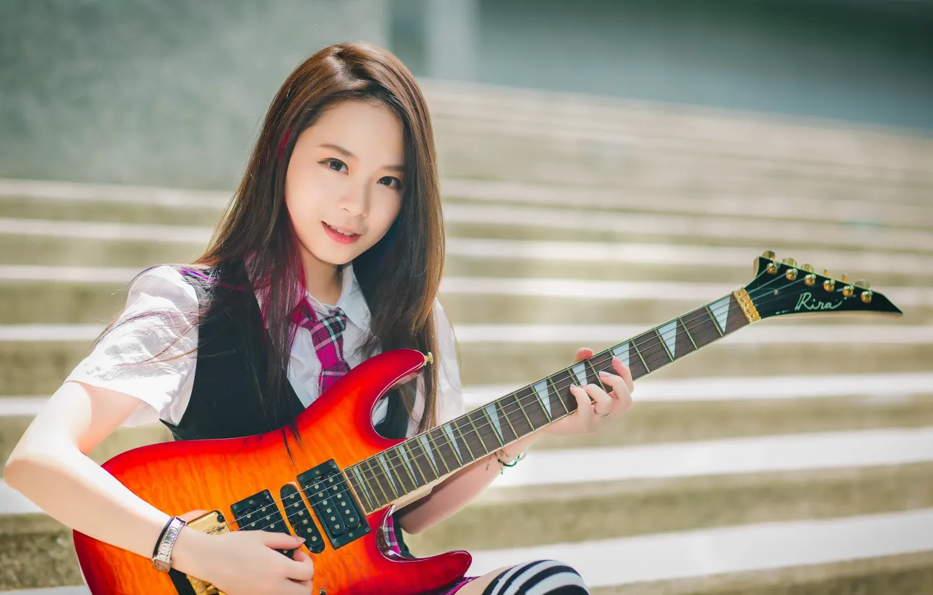 Фото обои девушка, гитара, азиатка