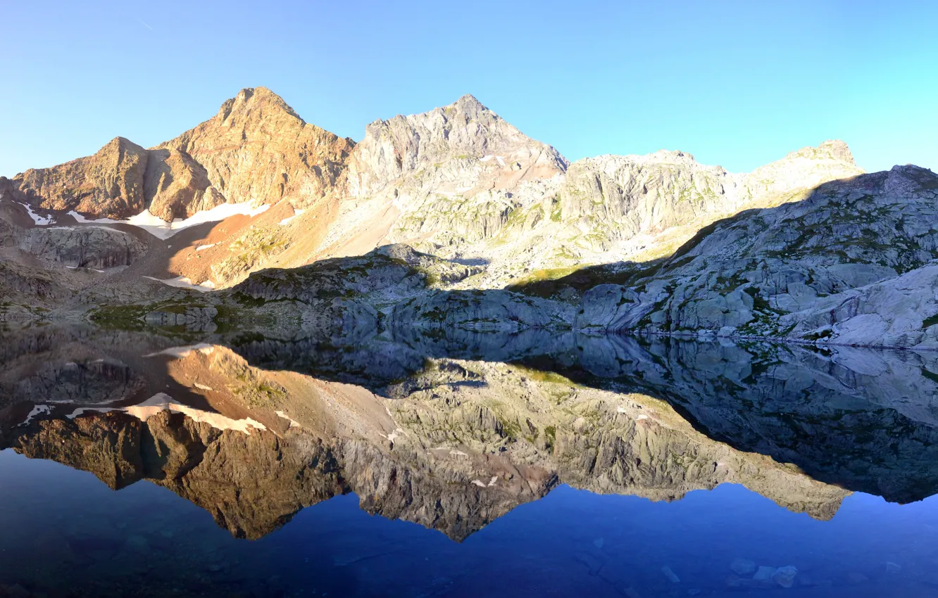 Фото обои вода, горы, озеро, отражение, widescreen, panorama, dual-monitor, multi-monitors