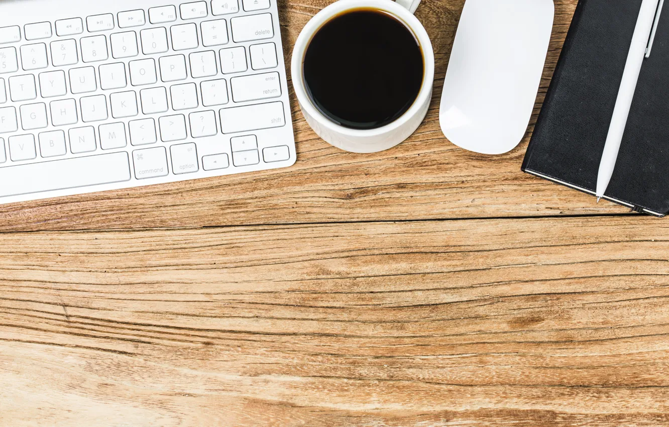 Фото обои кофе, мышь, ручка, блокнот, клавиатура