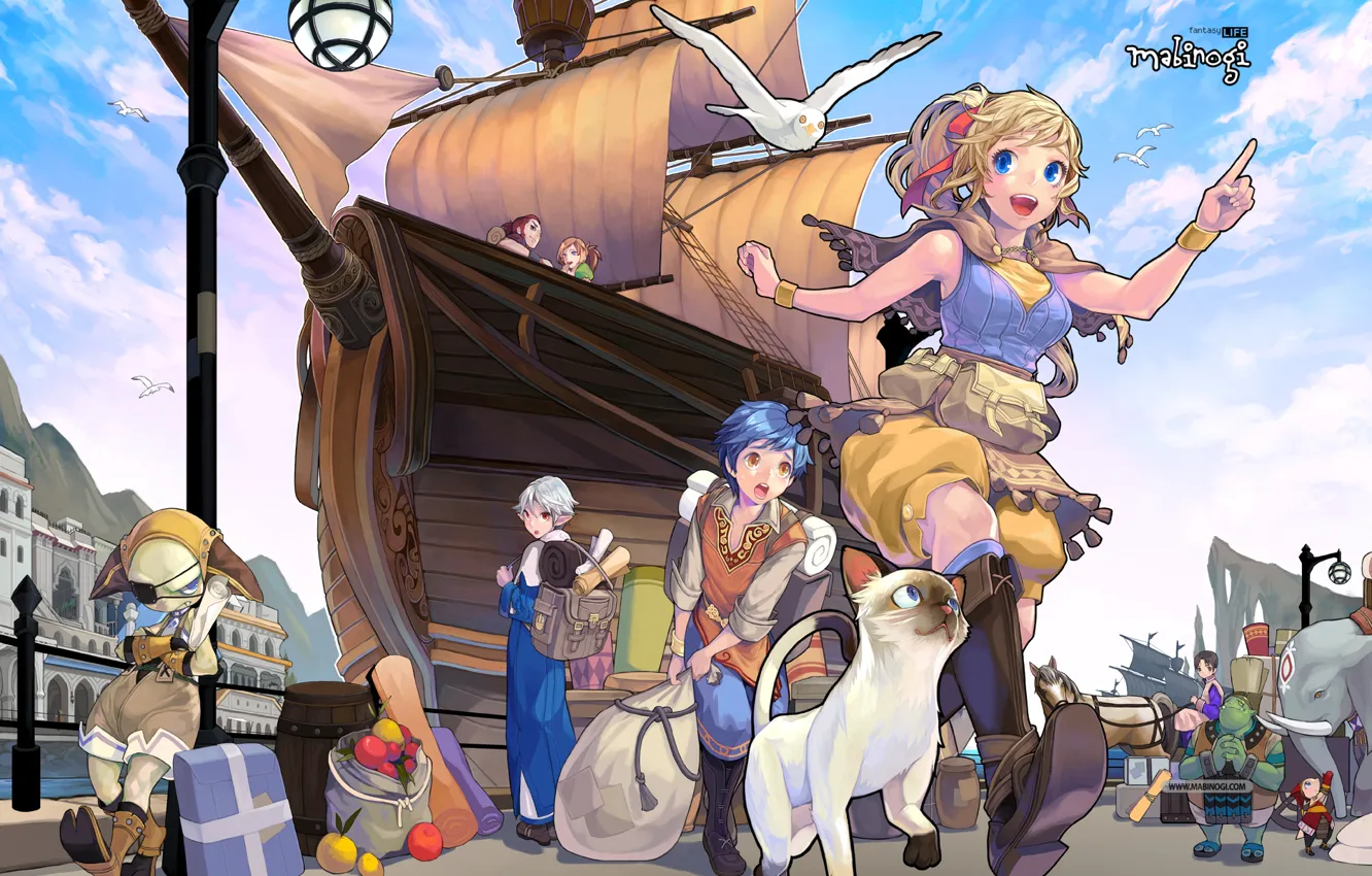 Фото обои девушка, карабль, эльф, порт, парень, гоблин, рынок, Первое торговое путешествие