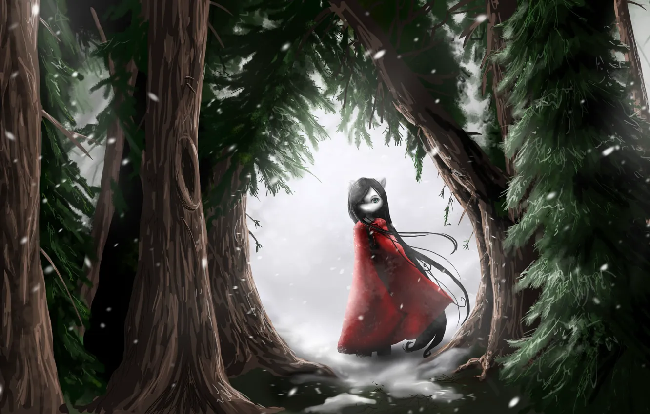 Фото обои холод, лес, снег, одиночество, страх, малышка, мрачный, красный плащ