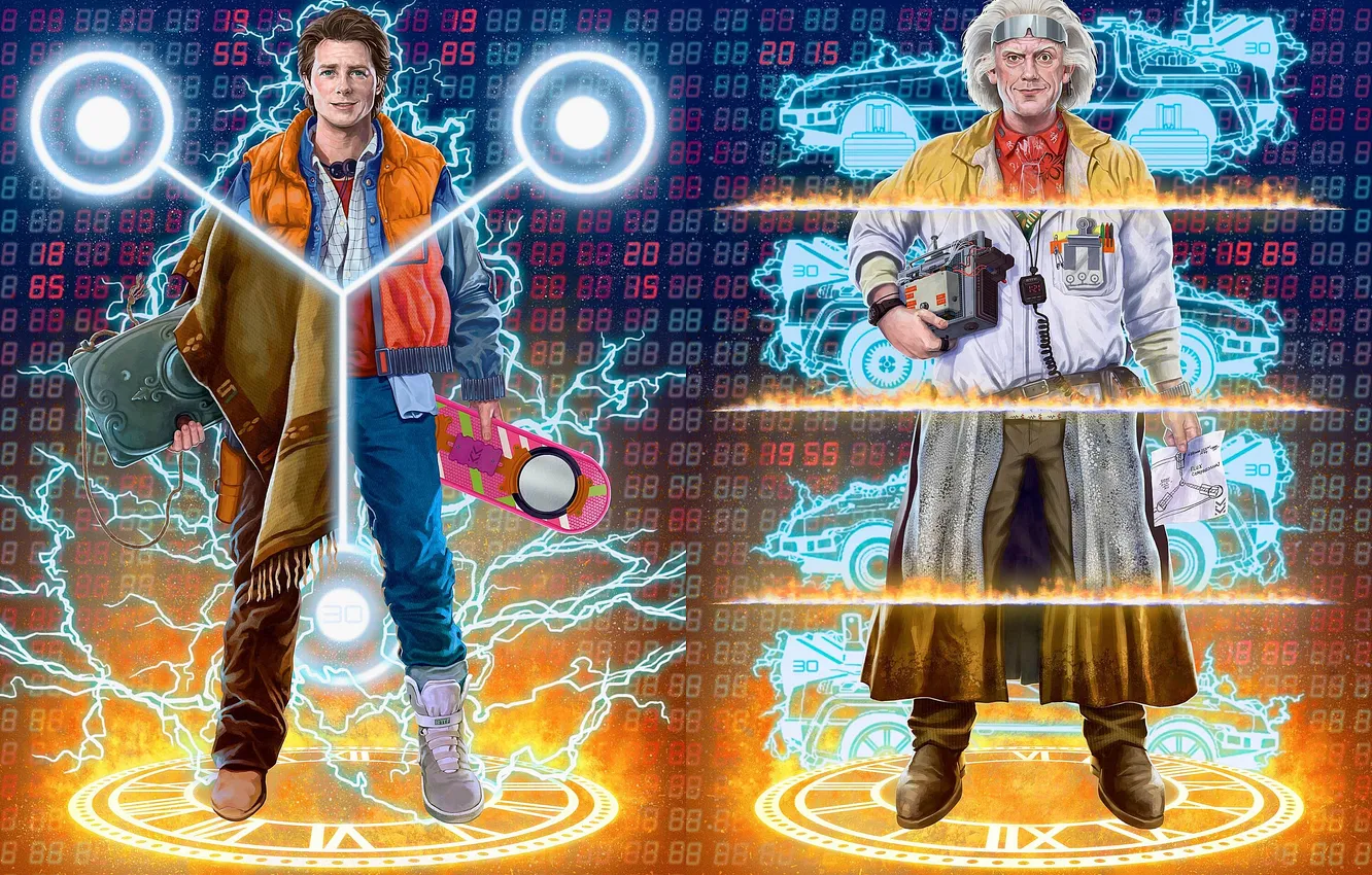 Фото обои США, Двое, Мужчины, 1990, Майкл Джей Фокс, Кристофер Ллойд, Marty McFly, Universal Pictures