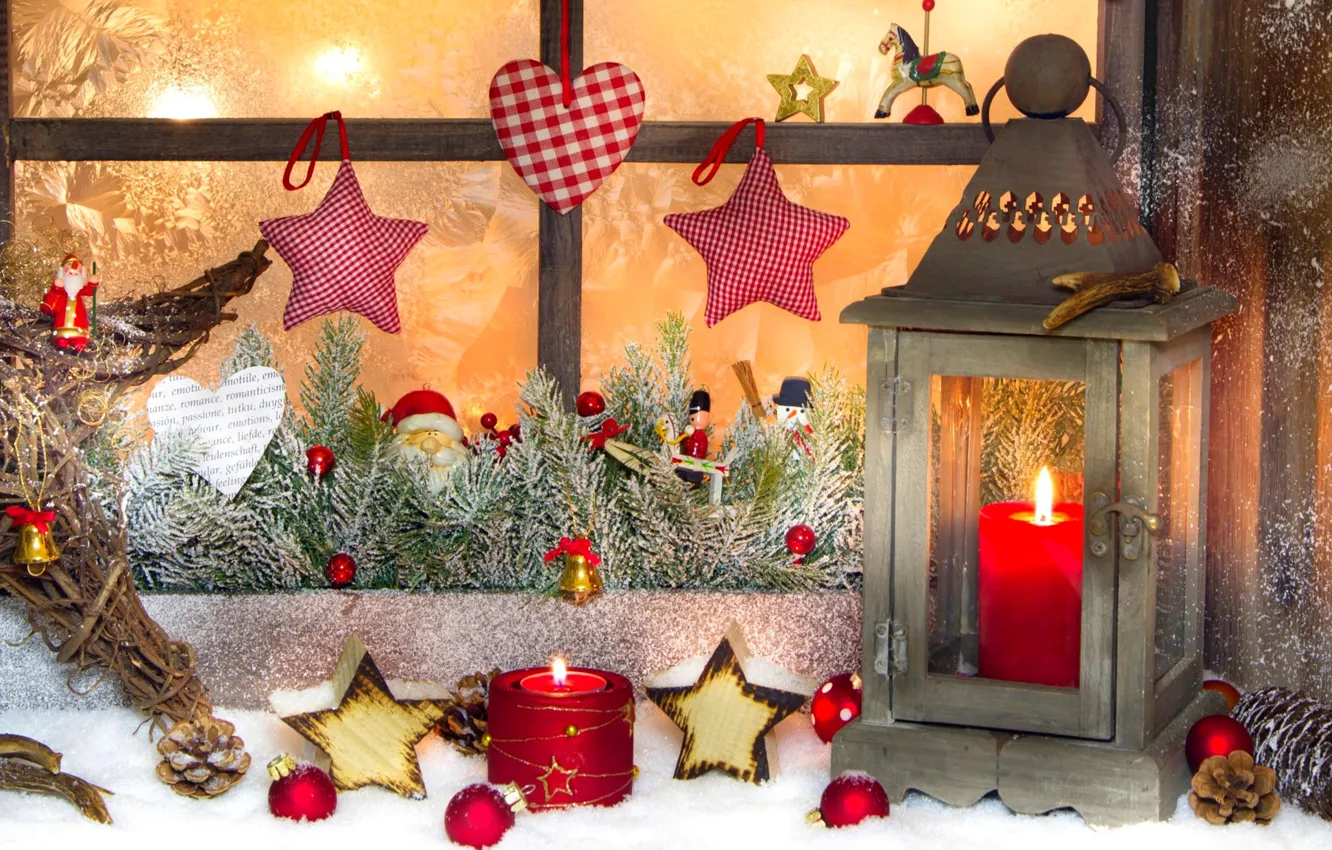Фото обои зима, снег, праздник, сердце, звезда, свечи, Рождество, фонарь
