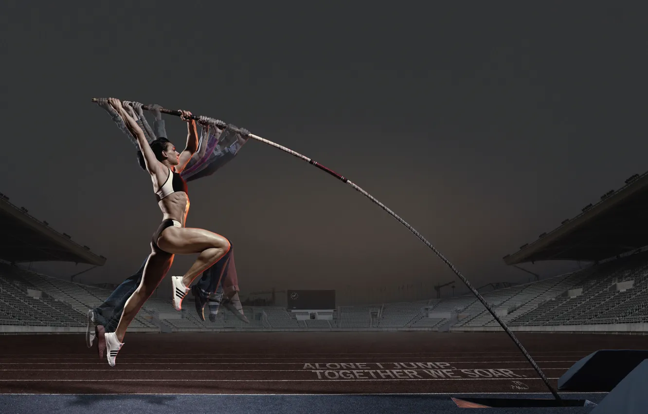 Фото обои девушка, прыжок, реклама, спортсменка, адидас, шест, Прыжок с шестом