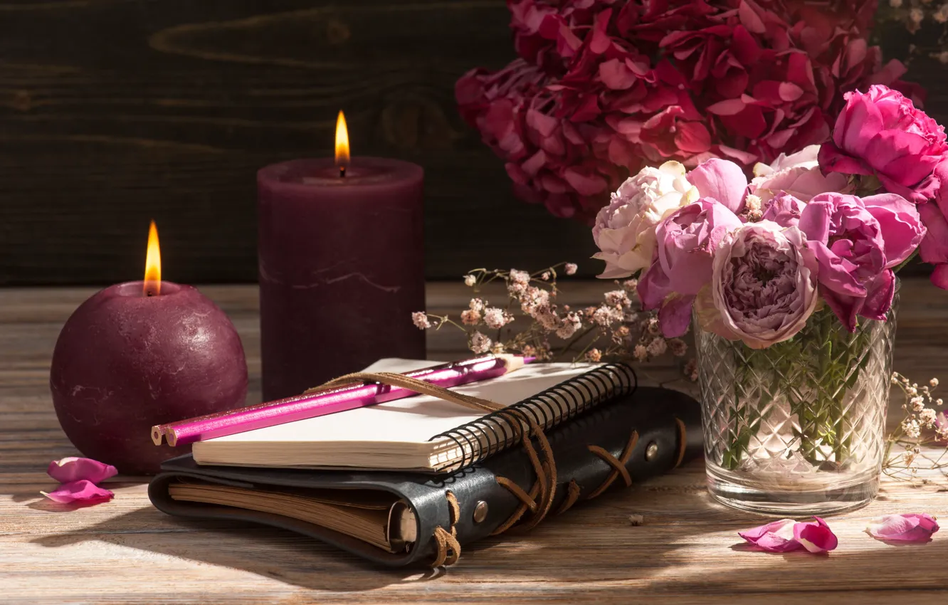 Фото обои цветы, стиль, свечи, блокнот, гортензии, IRINA BORT