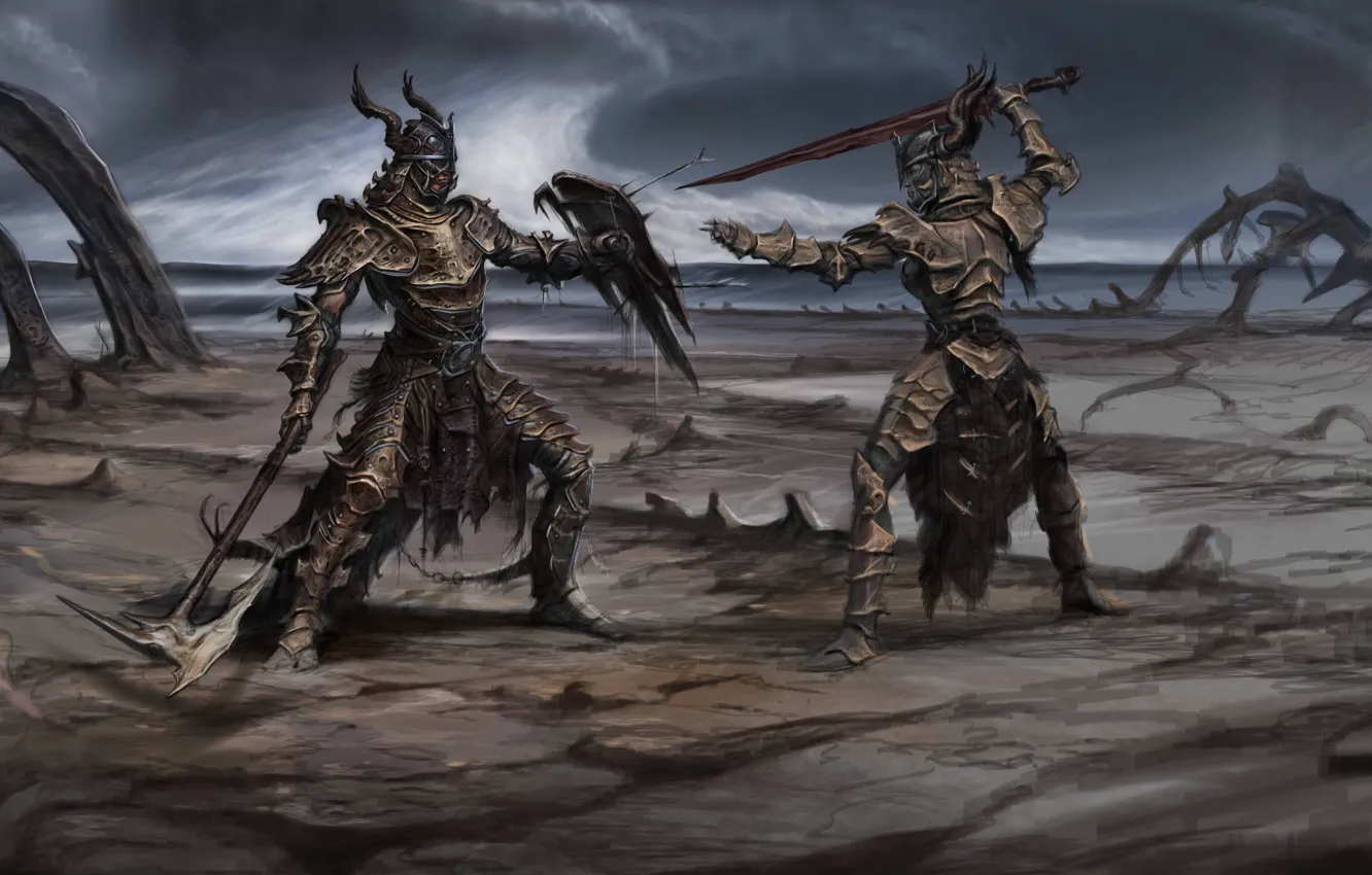 Фото обои оружие, меч, войн, щит, поединок, Skyrim, concept art, The Elder Scrolls V