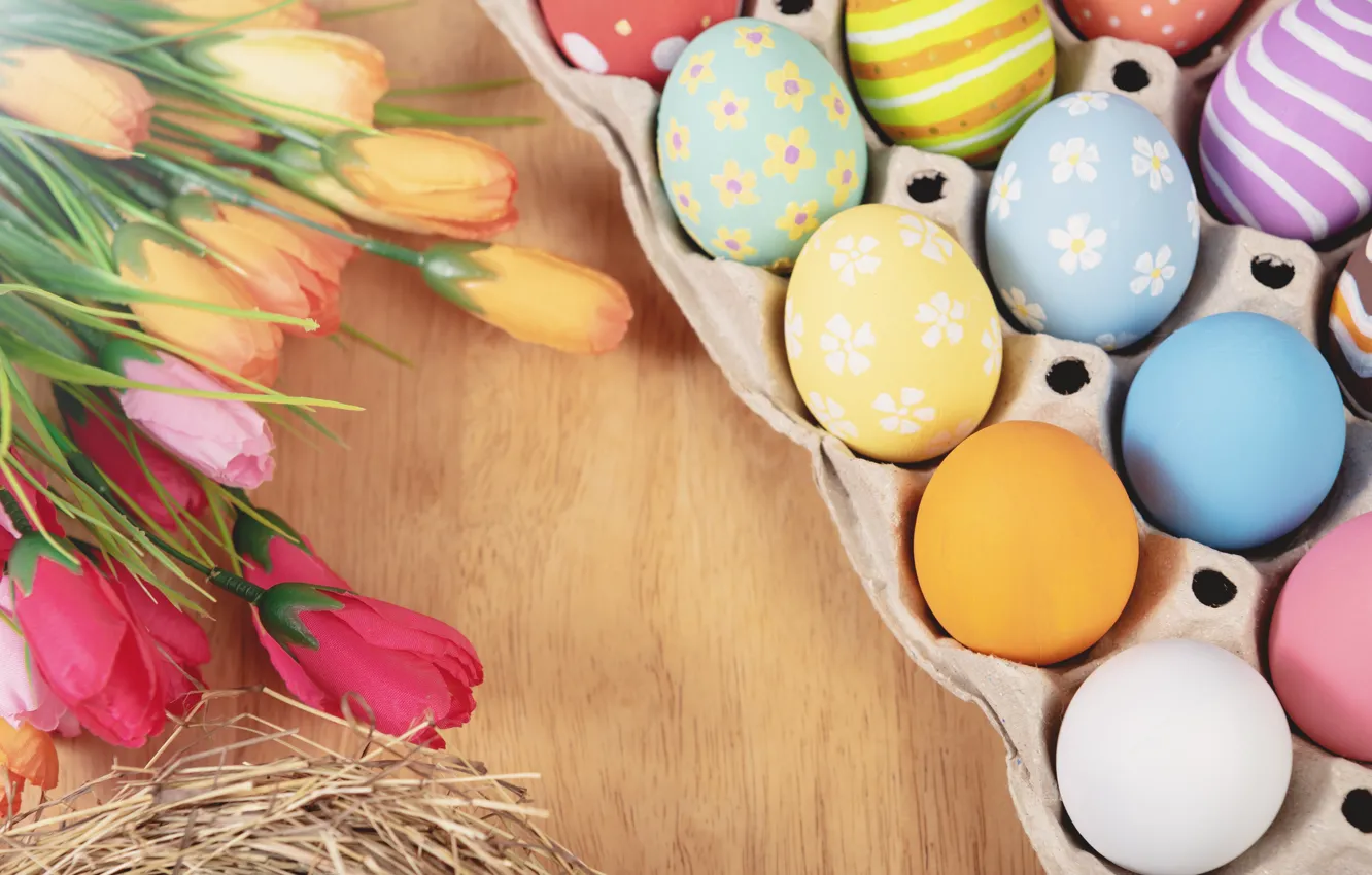 Фото обои цветы, яйца, весна, colorful, Пасха, тюльпаны, flowers, tulips