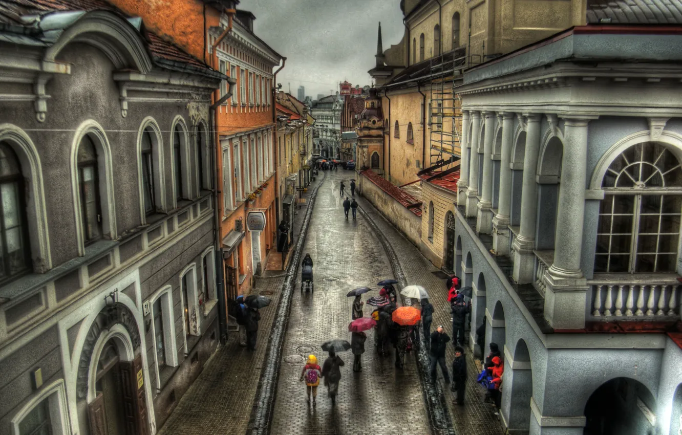 Фото обои осень, город, люди, дождь, улица, здания, дома, Австрия