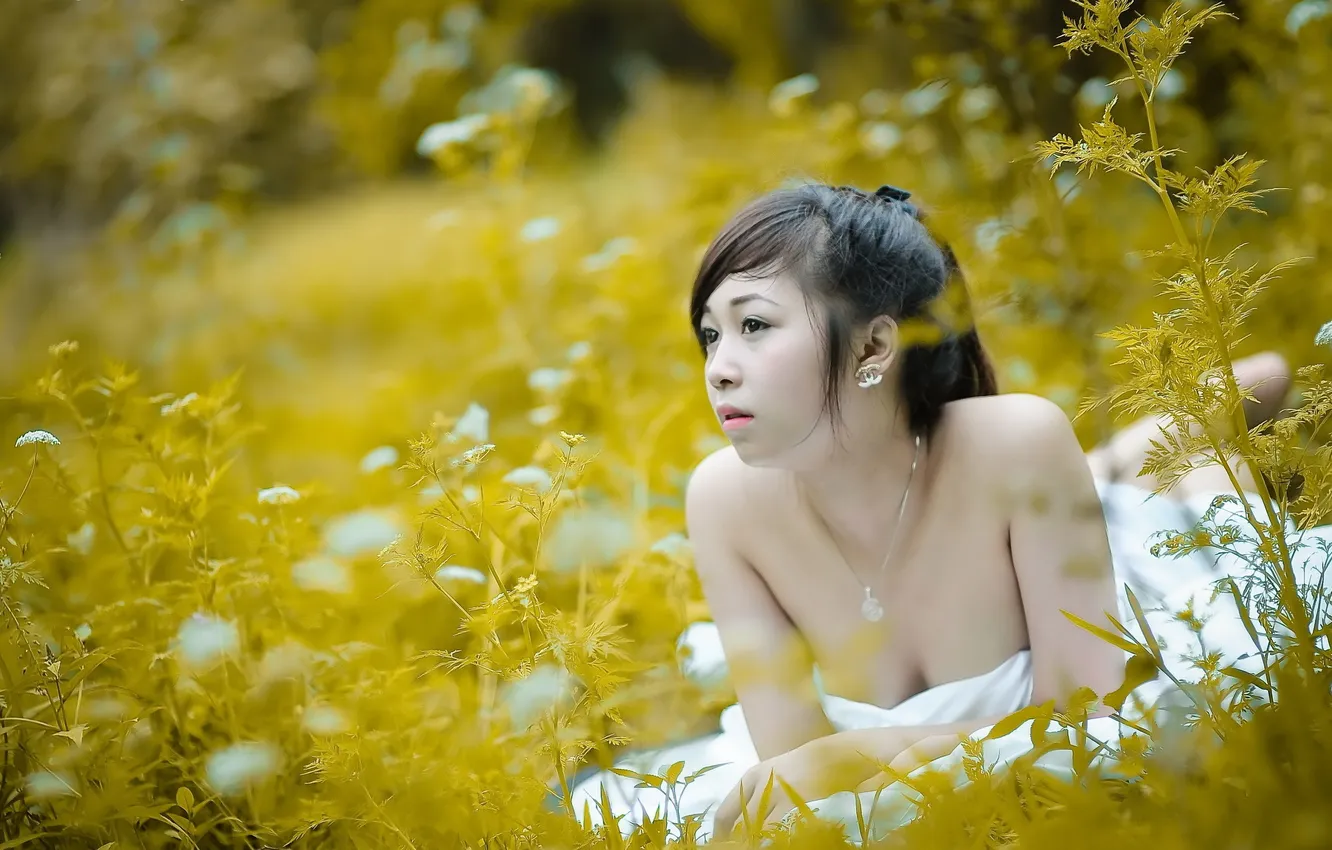 Фото обои трава, девушка, азиатка