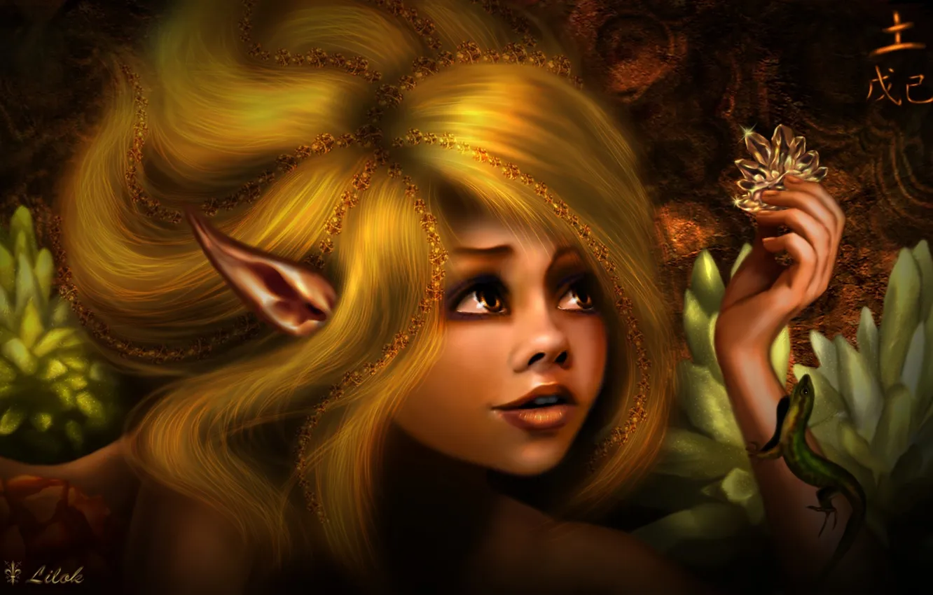 Фото обои глаза, взгляд, девушка, волосы, эльф, ящерица, арт, уши
