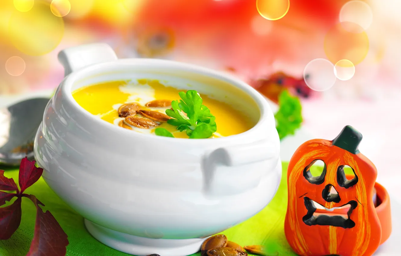 Фото обои суп, Halloween, тыква, Хэллоуин, семечки, фигурка, супница, тыквенный