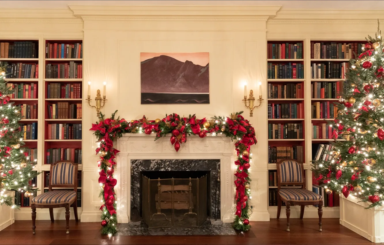 Фото обои Christmas, Washington, New Year, interior, books, White House