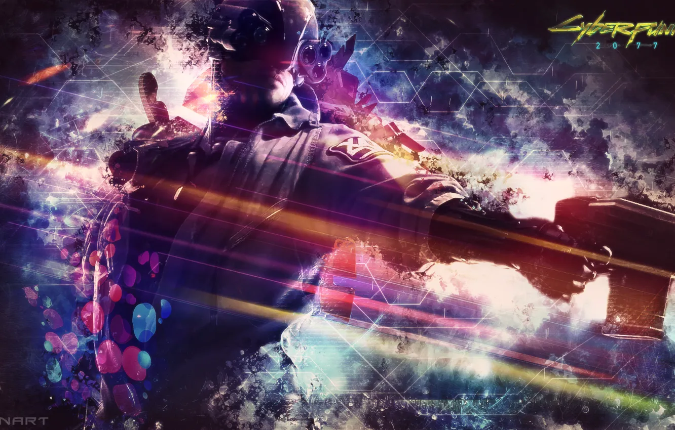 Фото обои abstract, gun, background, man, video games, CyberPunk 2077