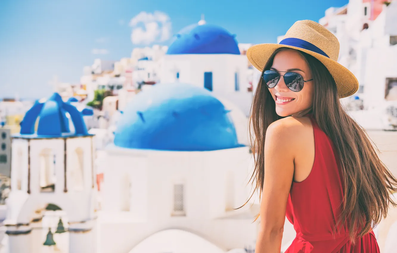 Фото обои girl, europe, hair, greece, destination, famous, greek, domes