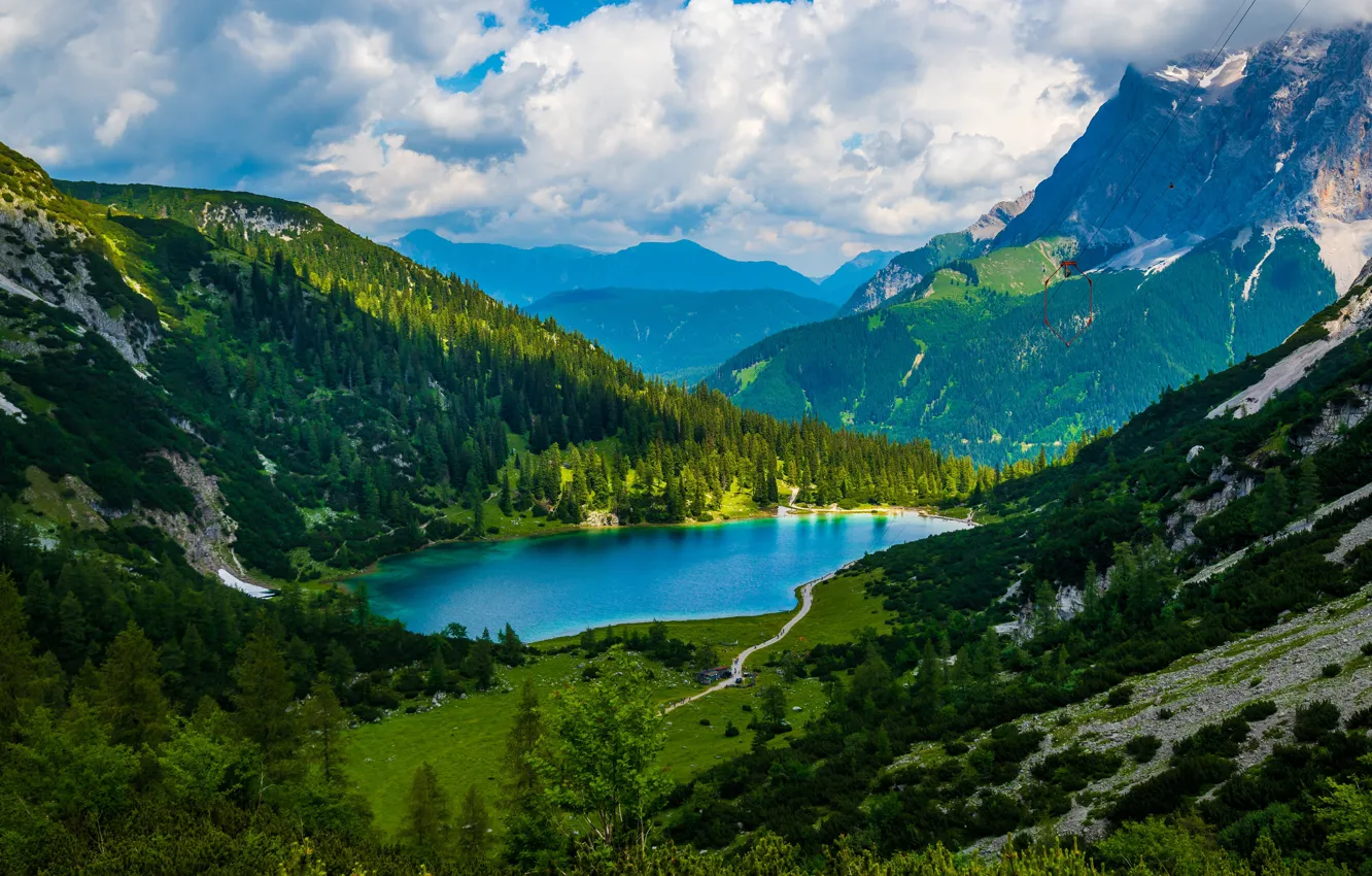 Фото обои лес, облака, горы, озеро, синева, склоны, Альпы, канат