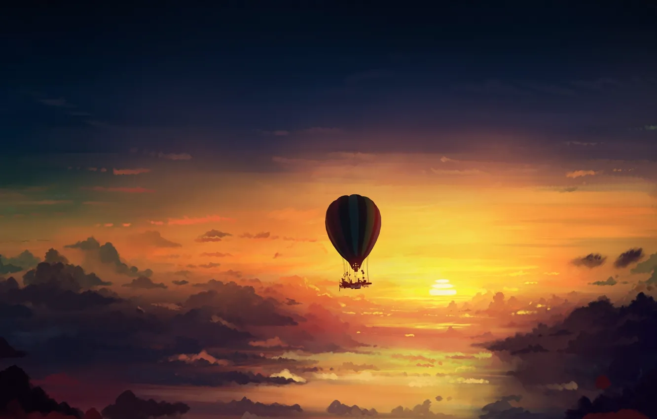 Фото обои небо, облака, закат, art, romantically apocalyptic, alexiuss, apocalypse, Hot air balloon