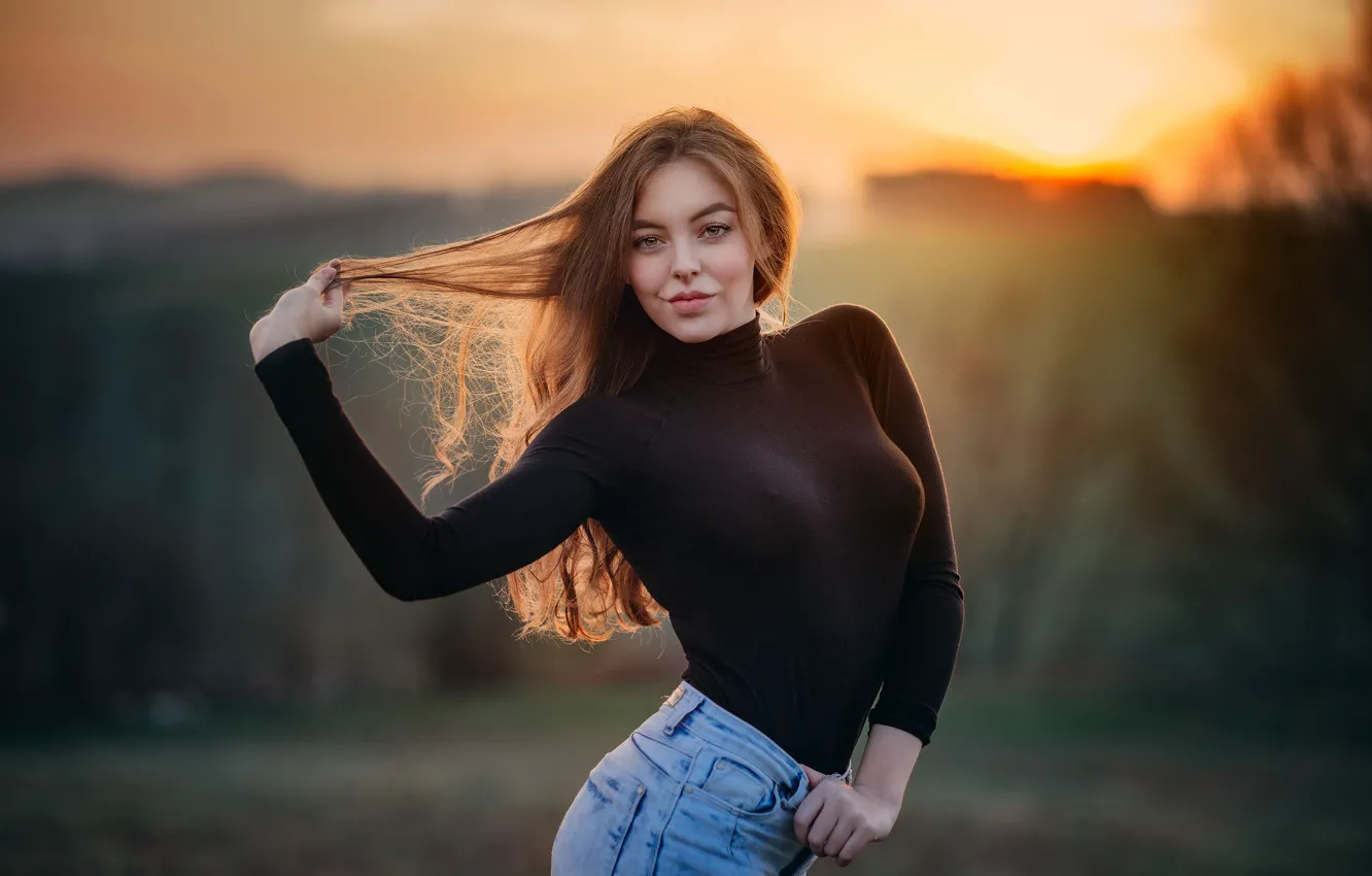 Фото обои взгляд, пейзаж, закат, природа, фон, модель, портрет, джинсы