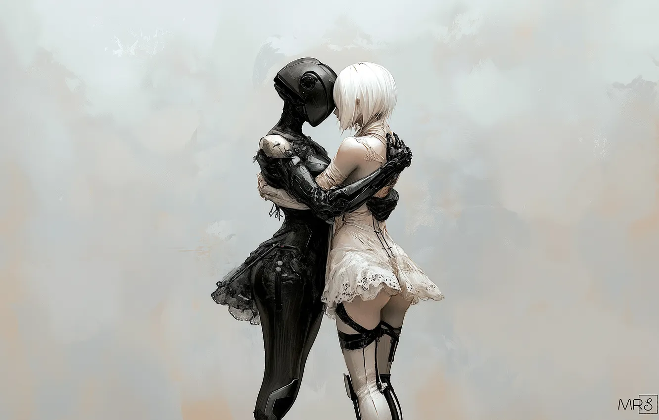 Фото обои fantasy, robot, minimalism, mood, artwork, fantasy art, white background, hugging