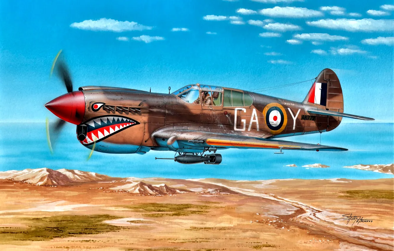 Фото обои 1942, P-40E, Kittyhawk Mk.IA, Lybia, 112 Sqn, Clive ''Killer'' Caldwell, ''Shark'' Squadron, North Africa