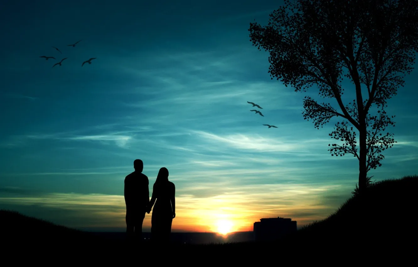Фото обои небо, девушка, солнце, закат, птицы, дерево, парень