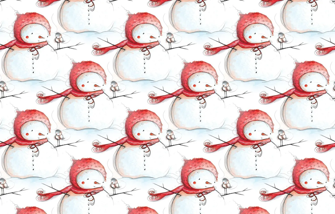 Фото обои зима, фон, праздник, текстура, Новый год, снеговик, птичка, детская