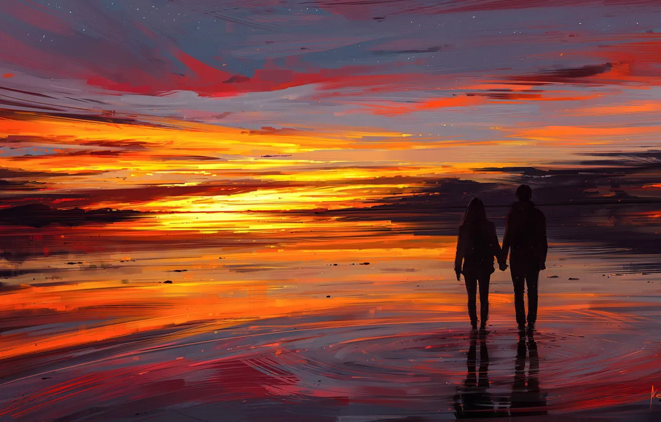 Фото обои girl, love, twilight, sky, sea, landscape, woman, sunset