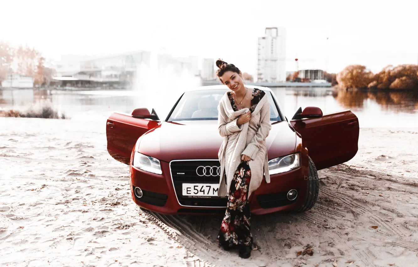 Фото обои машина, авто, девушка, поза, улыбка, Audi, Belavin, Александр Белавин