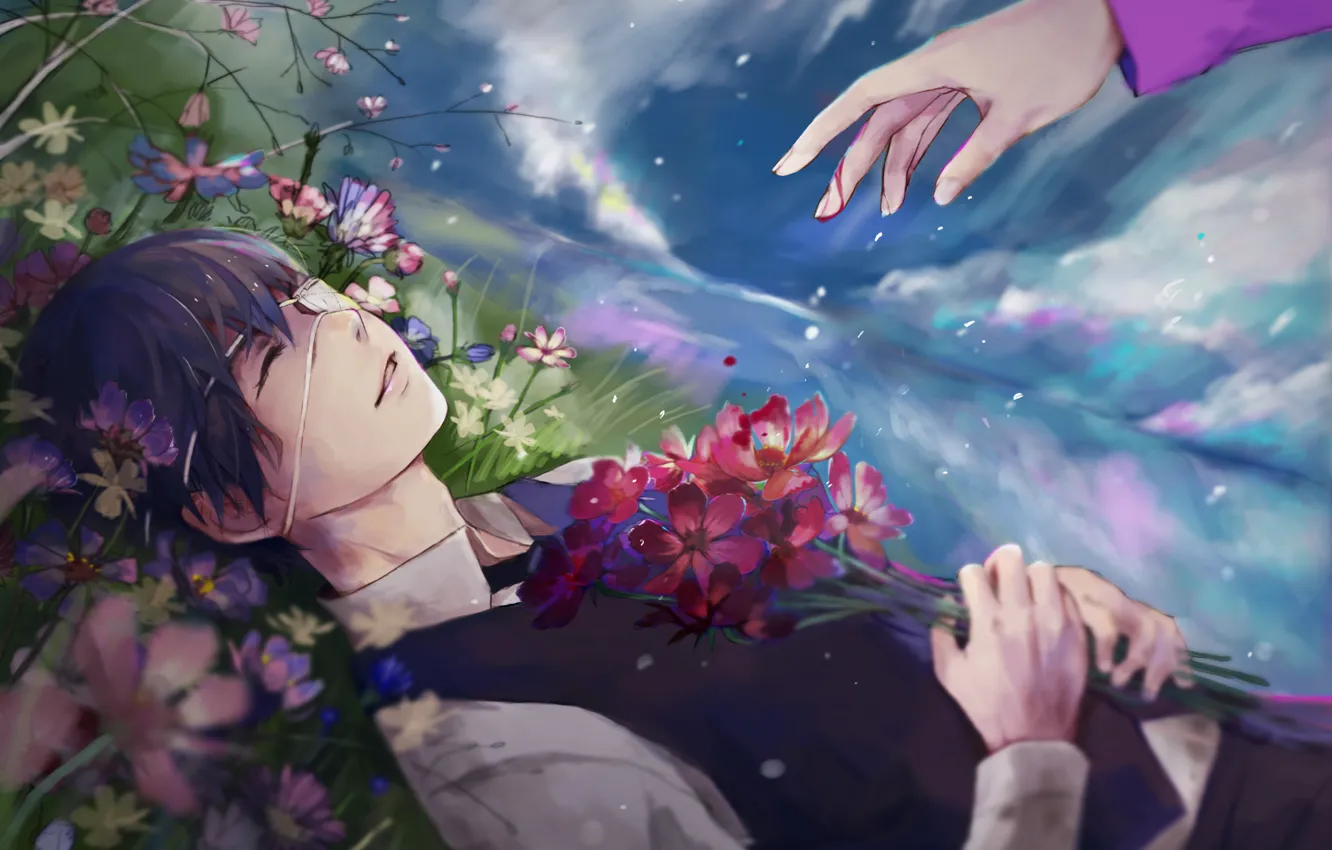 Фото обои небо, облака, цветы, улыбка, дождь, рука, аниме, арт