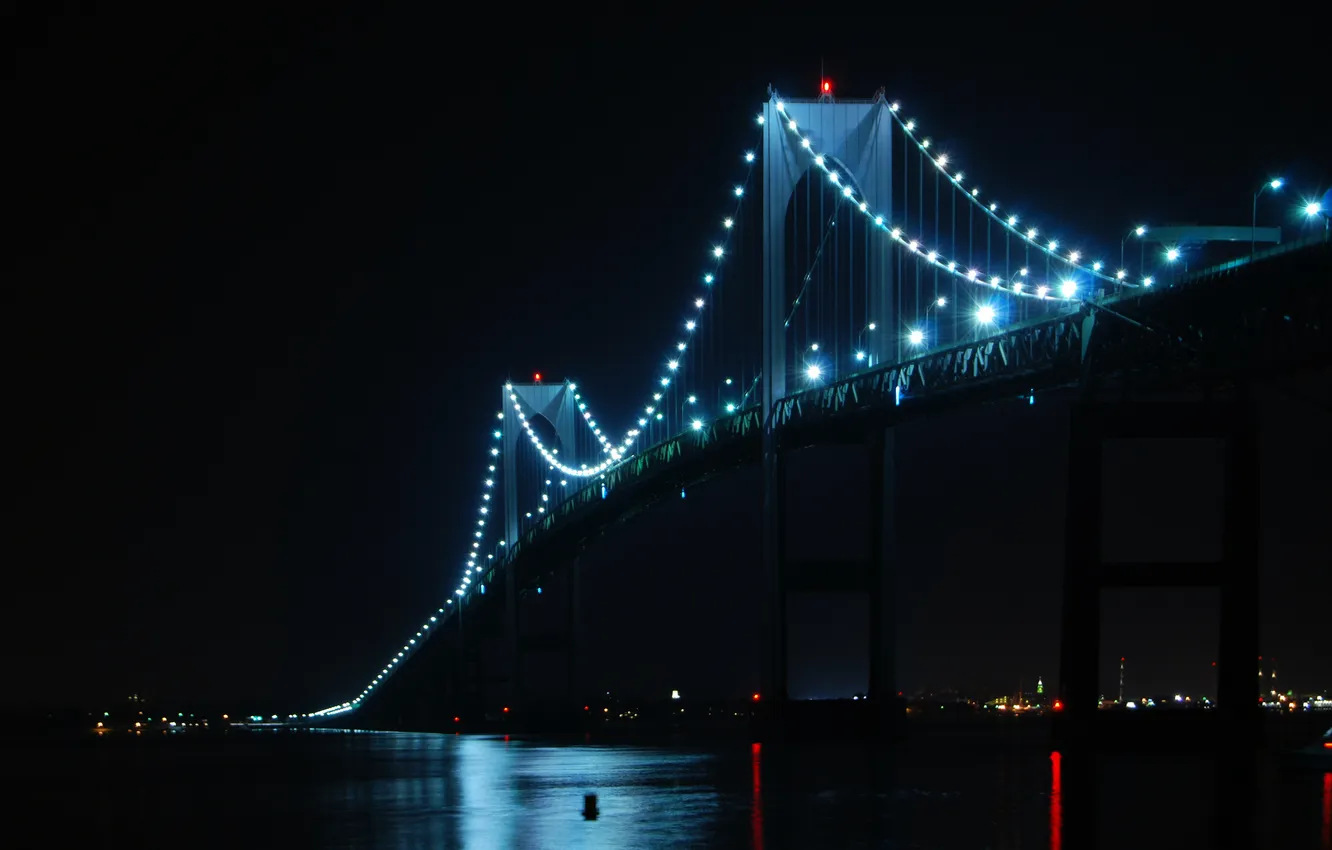 Фото обои ночь, мост, город, подсветка, фонари