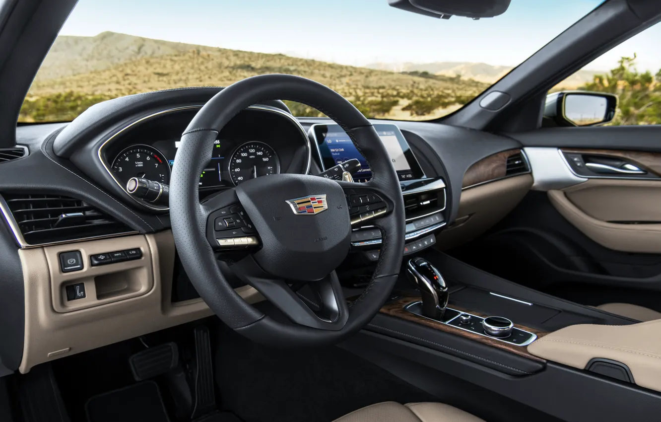 Фото обои серый, Cadillac, приборы, руль, седан, четырёхдверный, 2020, CT5